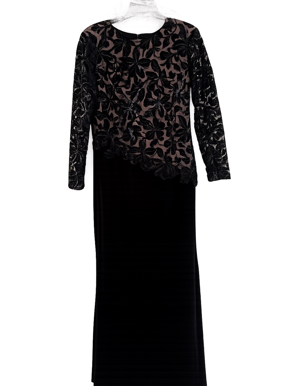 Betsy Adam Black Velvet Evening Gown w Sequin Floral Lace Bodice & Sleeves